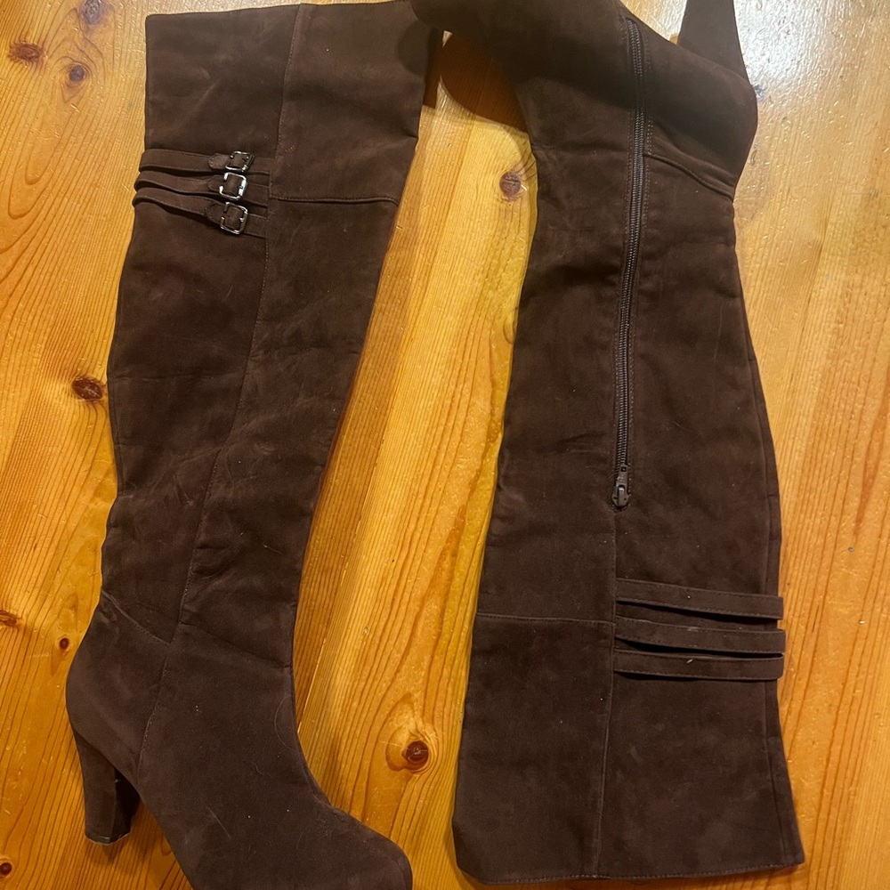 Grunt Brown Over-the-Knee Riding Boots Block Heel Zip Buckle Manmade Women 8
